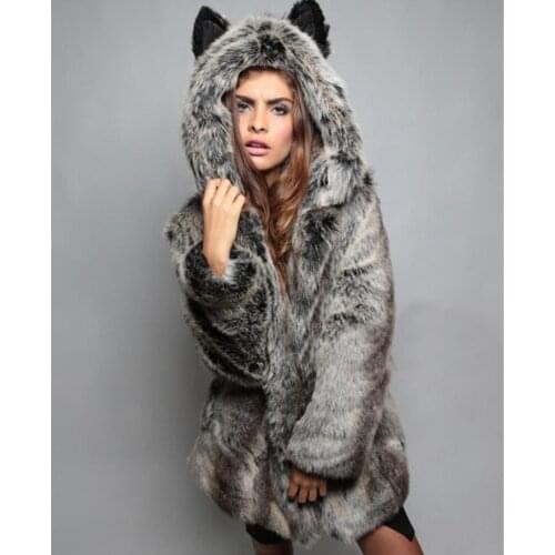 Women Faux Fox Fur Coat Winter Hooded Cat Ears Thick Fluffy Long Sleeve Warm Outerwear Luxury Fur Jacket Elegant Mujer Bontjas