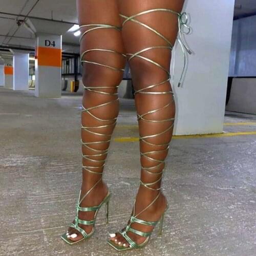 2021 New Summer Women Sandals Narrow Band Fashion Square Toe High Heels Cross Strap Gladiator Sandals Women Shoes Size 35-41