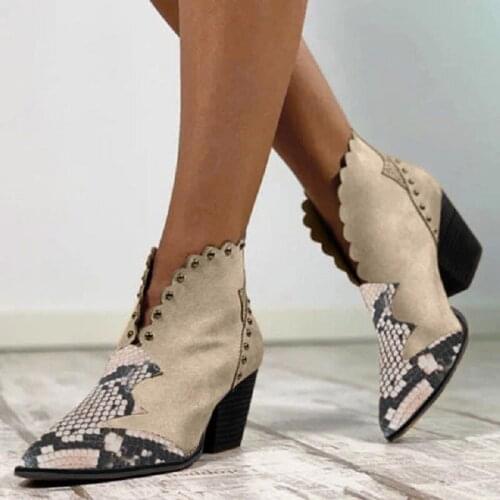 Women Retro Ankle Boots Slip on Pointed Toe Ladies Snake Print Rivet Mixed Color Shoes Female Soft Casual Footwear