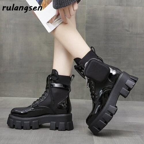 Martin Boots Women 2020 Winter New Patent Leather Womens Boots Lace-Up Cake British Style Short Boots Handsome Motorcycle Boots