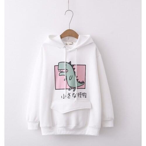 Women Korean Autumn Winter Thick Plus Velet Hoodies Student Loose Dinosaur Print Hooded Sweatshirts Female Casual Cute Warm Tops