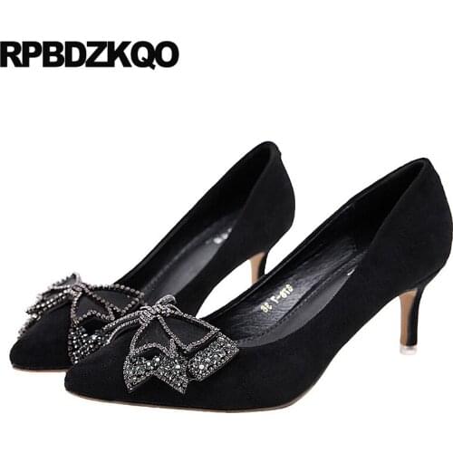 High heels thick ladies rhinestone diamond jewel sexy women shoes rhinestones pumps pointed toe kawaii bow crystal slingback
