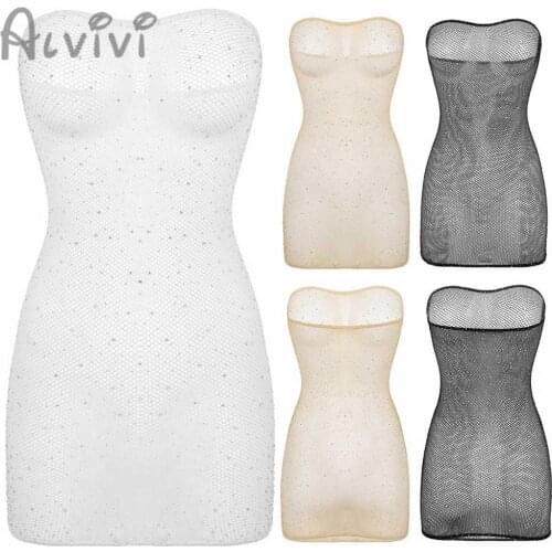 Alvivi Womens Tube Dress Shiny Rhinestones Netted Lingerie erotic Sheer Babydoll Stretchy Bodycon Mini Dress Hosiery Nightwear