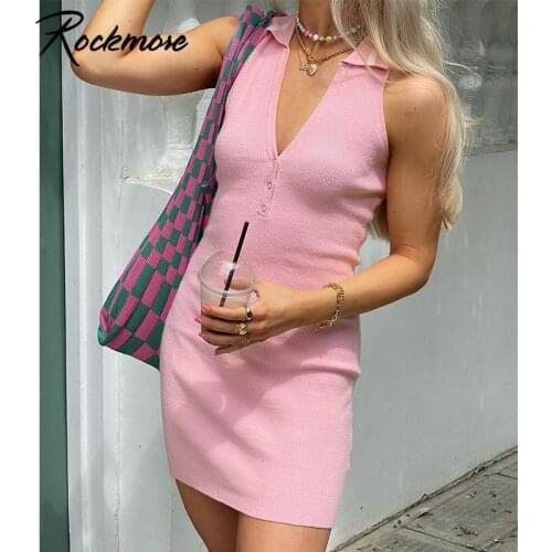 Rockmore Pink Knitted Mini Dress y2k Aesthetic Tanks Dress Elegant Sexy V-neck Short Dress Women Bodycon Sleeveless Sundress 90s