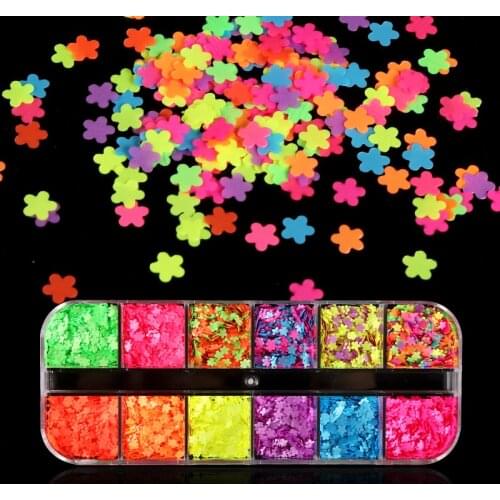 12 Grids/Set Neon Color Nail Sequins Small Flower Flake Nail Art Decoration Accessories Colorful Slices For DIY Manicure Design