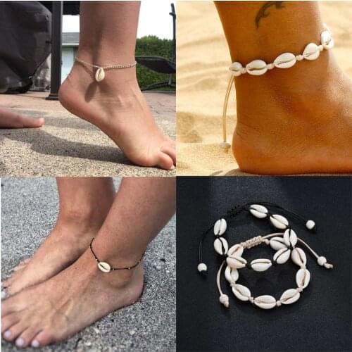 Bohemian Shell Anklets for Women Handmade Leather Woven Natural Shell Foot Jewelry Summer Beach Barefoot Bracelet ankle on Leg