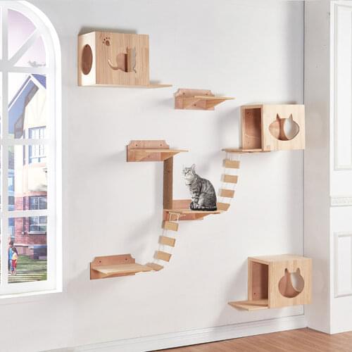 Cat Bridge Climbing Frame Wood Pet Cat Tree House Bed Hammock Sisal Scratching Post Cat Furniture Cat Toy Wall Mounted Dropship