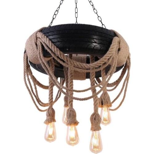 Wooden Industrial Style Creative Personalized Chandelier Hemp Rope Tire Living Room Dining Room Coffee Shop Retro Chandelier
