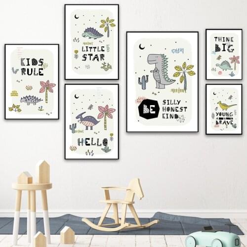 Nursery Wall Art Canvas Painting Kawaii Cartoon Dinosaur Cactus Nordic Posters And Prints Decoration Pictures Kids Cute Room