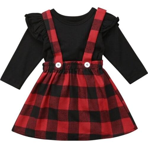Scotland Style Kid Girls Skirt Sets Kids Baby Girls Autumn Winter Long Sleeve T Shirt Tops+Overalls Skirts 2PC Outfits Set 6M-4T