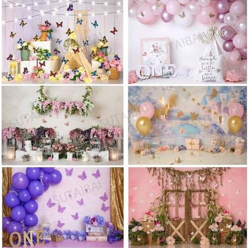 Colorful Butterfly Garden Flowers Baby Cake Smash Photography Backdrops Sweet Girl 1st Birthday Party Background Photo Studio