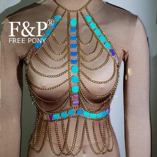 Burning Man Festival Holographic Body chain Rave Chest Chain top Carnival Costume Gogo Pole Dance Wear Clothing