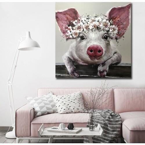Cute Pig Animal Oil Painting on Canvas Nordic Pink Animal Posters and Print Wall Art Picture for Living Room Home Decor Unframed