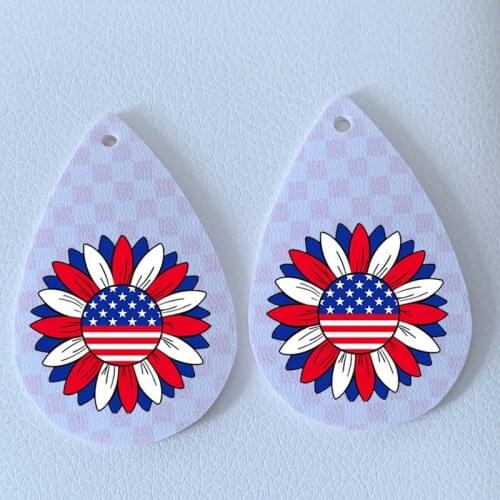 Checkered Earrings Sunflower 4th Of July Gnomes Faux Leather Teardrop Earring Double Side Print Bulk Order Wholesale