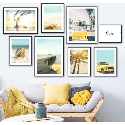 Sea Beach Shell Tree Girl Car Bridge Love Wall Art Canvas Painting Nordic Posters And Prints Wall Pictures For Living Room Decor