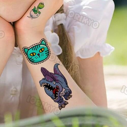 Cartoon Cat Dinosaur Temporary Tattoo For Kids Baby Boy Girl Fake Cute T-Rex Tattoos Sticker Watercolor Fun Tatoos Face Neck Arm