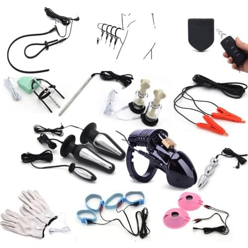 Electric Shock Penis Plug Rings Pulse Anal Plug Glove Stimulation Breast Pads Massage Nipple Clamp Cock Cage Sex Toys For Couple