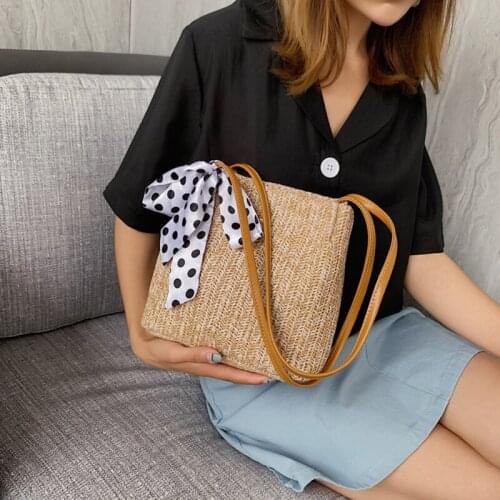 2021 New Women Handbags Korean Style Casual Grass Woven Bag For Women Simple Lace Shoulder Bag With Drawstring Bolso Mujer