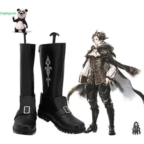 Octopath Traveler Cyrus Albright Black Cosplay Shoes Long Boots Leather CosplayLove For Halloween Christmas
