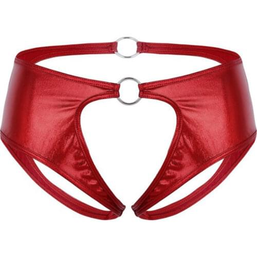Sexy lingerie ropa mujer underwear women lenceria panties tanga thong Patent leather Solid color bright metal ring Open file