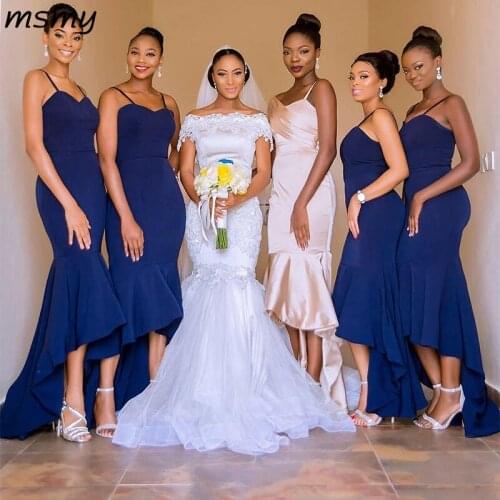 Blue Spaghetti Straps Satin High Low Bridesmaid African Mermaid Wedding Guest Dress Maid Of Honor Dresses