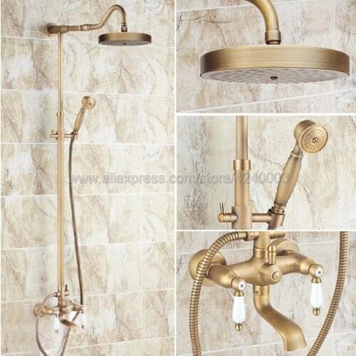Shower Faucets Antique Brass Shower Set Faucet Tub Mixer Tap Handheld Shower Wall Mounted Krs119