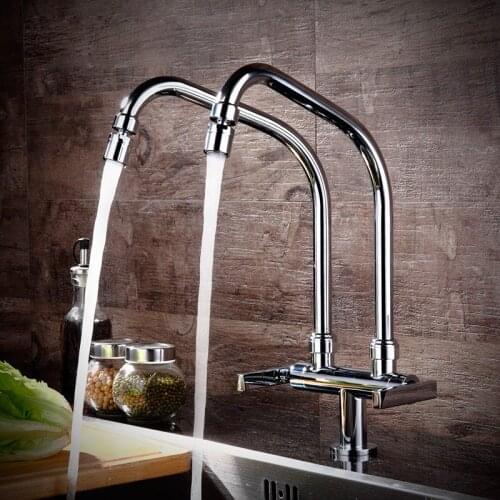 Modern Chrome Finish Solid Brass Kitchen Faucet Two Swivel Spouts Deck Mount Mixer Faucet Vessel Sink Mixer Tap cozinha