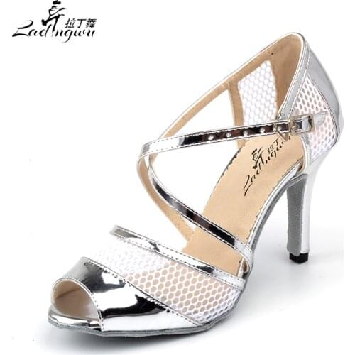Ladingwu New Summer Breathable mesh and PU Dance Shoes Ladies Latin Black/Silver sapato feminino salto alto Ballroom Dance Shoes