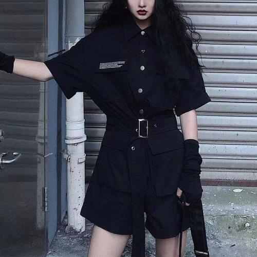 Summer Gothic Women Cargo Playsuit with Chain and Belt Gloves Fashion Bodycon Rompers Jumpsuit Ladies Short Punk Overalls XXL