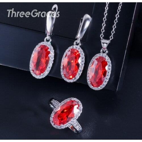 ThreeGraces Elegant Oval Designer Deep Red Crystal Around Zirconia Stone Women Party Fashion 3Pcs Jewelry Set Accessories JS149