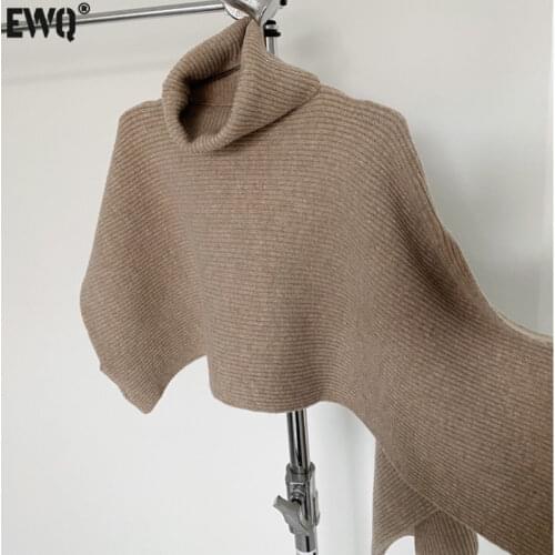 [EWQ] Korea Autumn Casual Trend Women Solid High Collar Irregular Loose Fashion Knitted Sleeveless Sweater Shawl 2021 16E1870