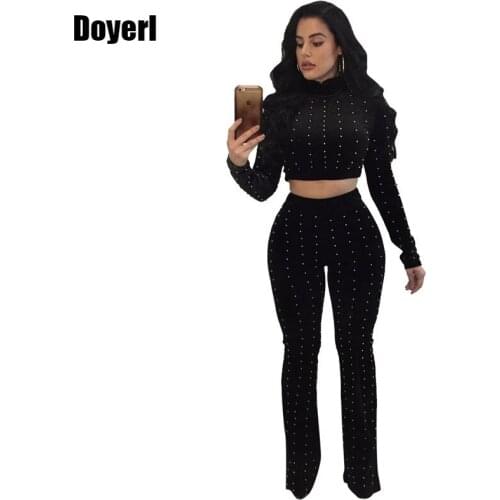 Winter Velvet Suit Women Long Sleeve Pearl Embellished Crop Top and Pant Set Club Party 2 Piece Outfits Ladies Chic Sweat Suits