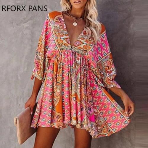 Women V-Neck Ethnic Print Ruched Casual Dress Bodycon Dress Mini Dress Elegant Party Dress