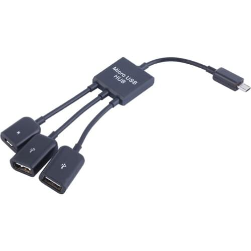 3 in 1 Micro USB HUB Male to Female Double USB 2.0 Host OTG Adapter Cable Converter Extender Universal For Mobile Phones Black