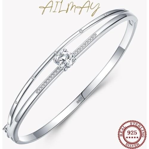 Ailmay 925 Sterling Silver Sparkling Clear Zircon Bracelets Simple Exquisite For Women Wedding Statement Fine Silver Jewelry