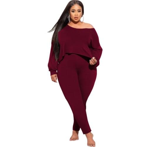 Oblique Collar Long Sleeve Irregular Top Tights Casual Suit Plus Size Women Two Piece Femme Set Drop Shipping