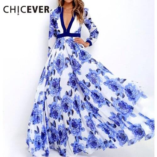 CHICEVER Pullover Print Dress For Women V Neck Long Sleeve High Waist Hit Color Floor Length Dresses Female 2021 Fashion Clothes