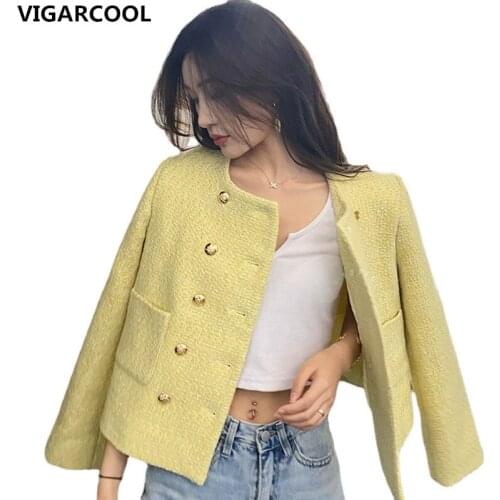 Yellow small fragrance Jacket Female 2021 Autumn New design sense ladies temperament double-breasted tweed French elegant Jacket
