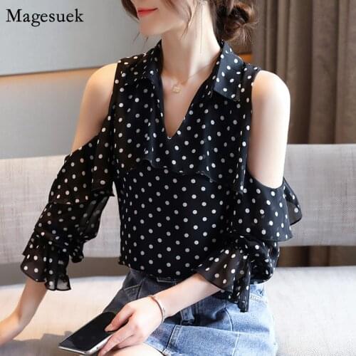 Summer Plus Size Womens Shirt Tops 2021 Korean Style Polka Women Blouses Casual Off Shoulder Loose Chiffon Blouse Femme 13344