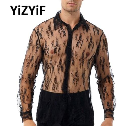 Men See Through Mesh Shirt Lapel Buttons Long Sleeve Sexy Lace Blouse Fashion Nightclub Party Streetwear