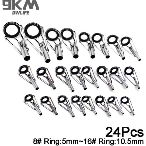 Fishing Rod Guides 24Pcs Chrome Stainless Steel Ceramic Tip Repair Kit Ring Replacement Freshwater Saltwater Mixed Size 5~10.5mm