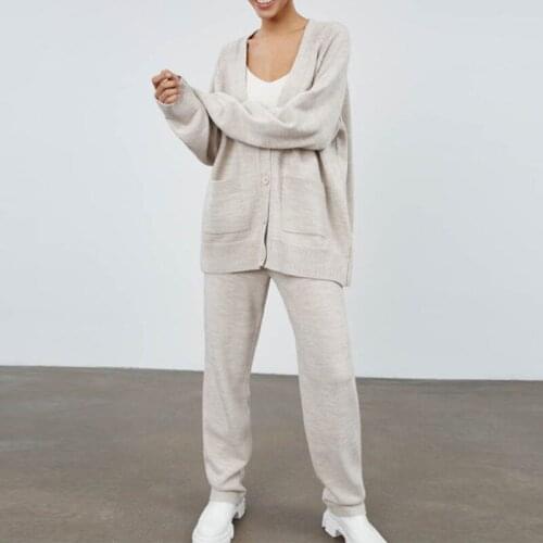 Autumn Knitted Two Piece Set Women Sweaters V-Neck Cardigan Long Sleeve Lace-up Pant Suit Female 2021 Lady Casual Knitwear Sets