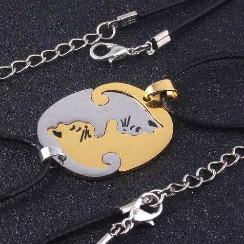 Stainless Steel Cat Couple Pendant Necklace Splicing Cartoon Kitty Choker Chain Jewelry Accessories Valentine Day Gift