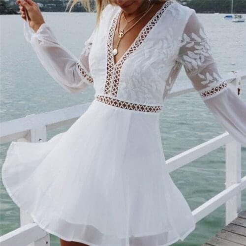 Summer Fashion Women Sexy V-Neck Long Sleeve Trim Short Mini Dresses Casual White Lace Vestido Sundress