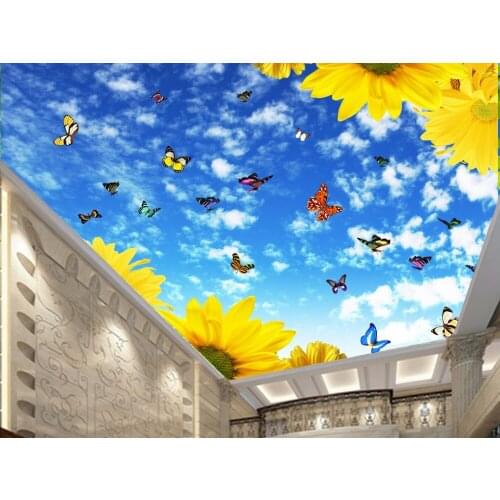 1808 Butterflies Flying in the Blue Sky with Chrysanthemum Printing PVC Stretched Ceiling Film For Home decoration