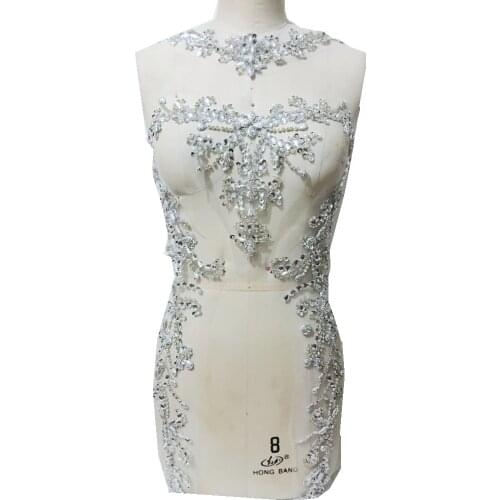 Sew on silver rhinestones applique on mesh handmade crystal trim patches for dress accessory 60*43cm