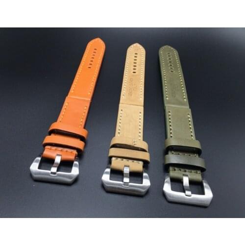 1PCS 22mm 24mm Genuine Cow Leather Watch Strap Watch Band Man Watch Straps Green Orange Beige with Stainless Steel Buckle-0104WS