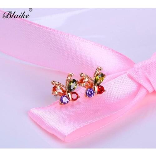 Blaike 2019 New Colorful Butterfly Rose Gold Stud Earrings For Women AAA Zircon Fashion Small Dainty Jewelry Birthday Gifts