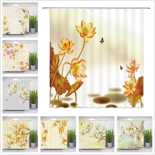 Spring Floral Landscape Background Wall Shower Curtains Plant Leaf Floral Butterfly Lotus Bathroom Decor Polyester Cloth Curtain