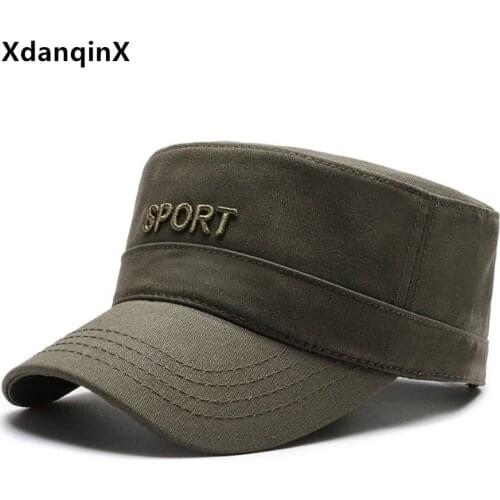 XdanqinX New Washed Cotton Mens Flat Cap Army Military Hats Adjustable Size Casual Sports Caps Snapback Cap Male Bone Dads Hat